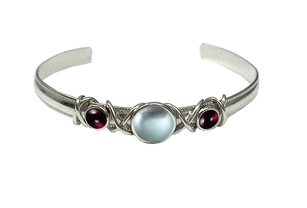 Sterling Silver Hand Made Cuff Bracelet With Blue Topaz And Garnet